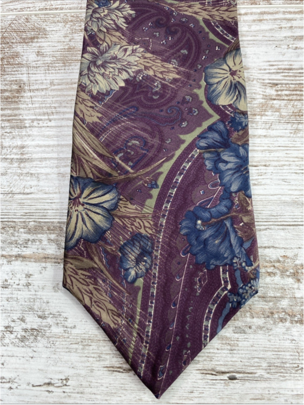 Woodward All Silk Tie Floral Paisley Purple Blue Tan Wide Vintage 55x4
